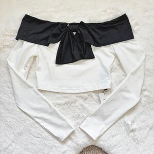 Dazy White off shoulder long sleeve top with black contrast bow